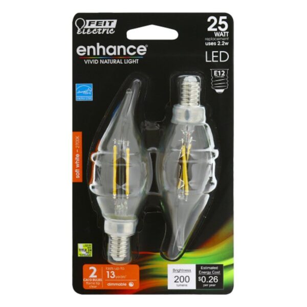 Feit Electric BPCFC25/927/LED/2 LED Bulb Lamp, Flame Tip, Flame Tip Lamp, 25 W Equivalent, E12 Candelabra Lamp Base - Image 2