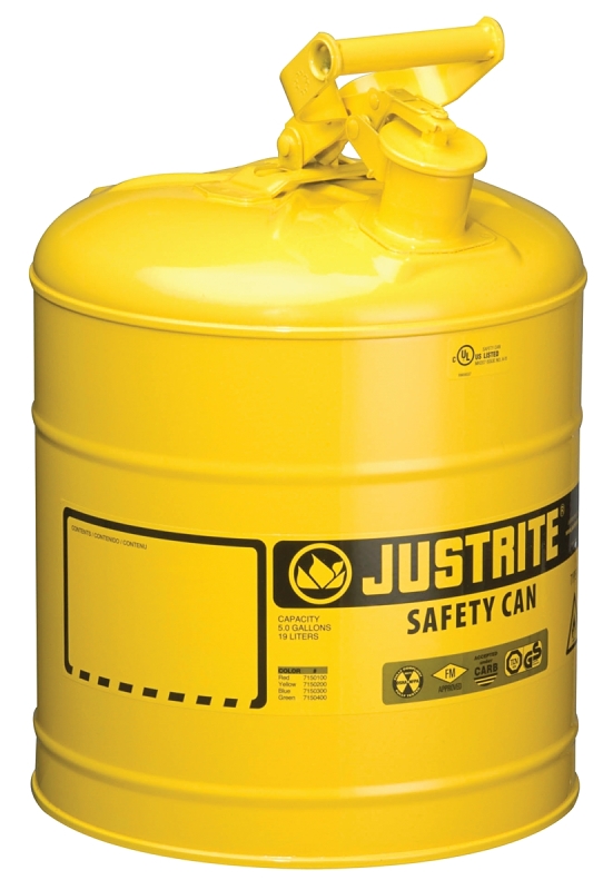 Justrite 7150200 Safety Can, 11-3/4 in Dia, 16-7/8 in OAH, 5 gal, Steel, Yellow