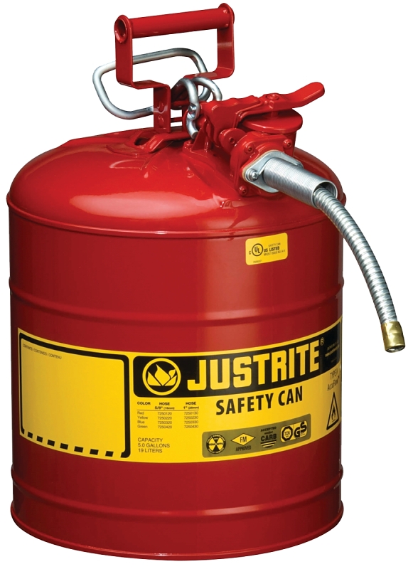 Justrite 7250120 Safety Can, 11-3/4 in Dia, 17-1/2 in OAH, 5 gal, Steel, Red