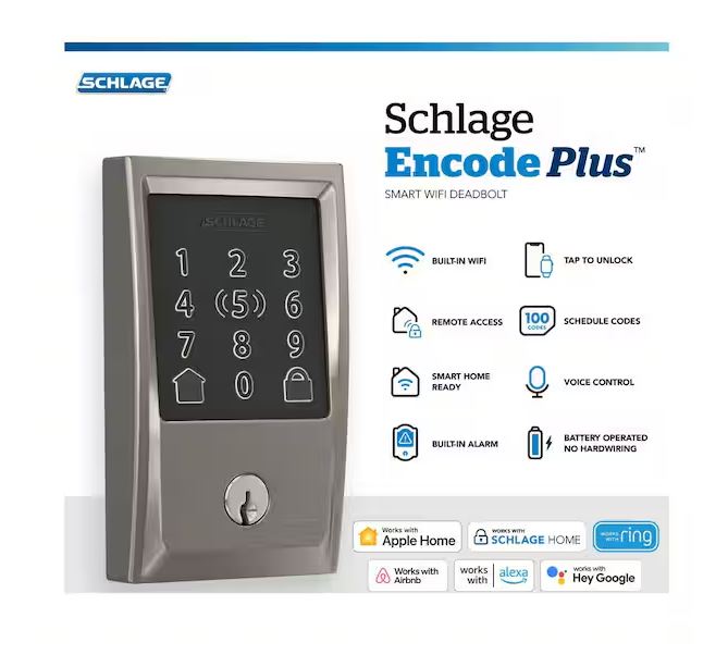 Schlage Encode Plus BE499WBV CEN 619 Smart Wi-Fi Deadbolt With Century Trim, 1 Grade, Satin Nickel, C Keyway - Image 2