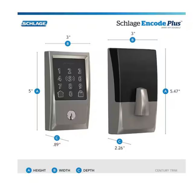 Schlage Encode Plus BE499WBV CEN 619 Smart Wi-Fi Deadbolt With Century Trim, 1 Grade, Satin Nickel, C Keyway - Image 3