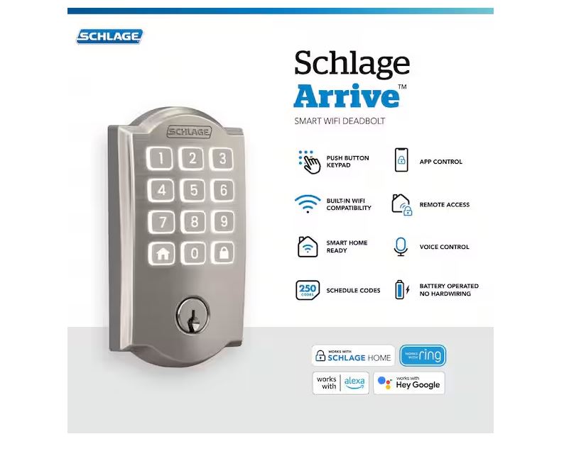 Schlage Arrive BE459WBVCAM619 Smart Wi-Fi Deadbolt with Camelot Trim, 1, AAA Grade, Key, Keypad Key, Metal, Satin Nickel - Image 2