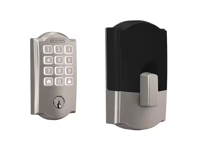 Schlage Arrive BE459WBVCAM619 Smart Wi-Fi Deadbolt with Camelot Trim, 1, AAA Grade, Key, Keypad Key, Metal, Satin Nickel